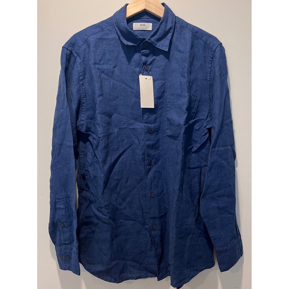 UNIQLO Men's Premium Linen Long Sleeve Button Down Shirt‎ Blue Size L